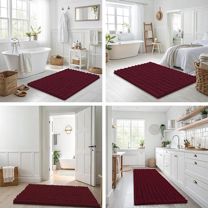 Smiry Bathroom Rugs 70X24, Extra Soft Rubber Backing Chenille Bath Mats | Burgundy Machine Washable Non Slip Quick Dry Bath Mats for Bathroom Floor, Tub, Shower, Home Decor Accessories