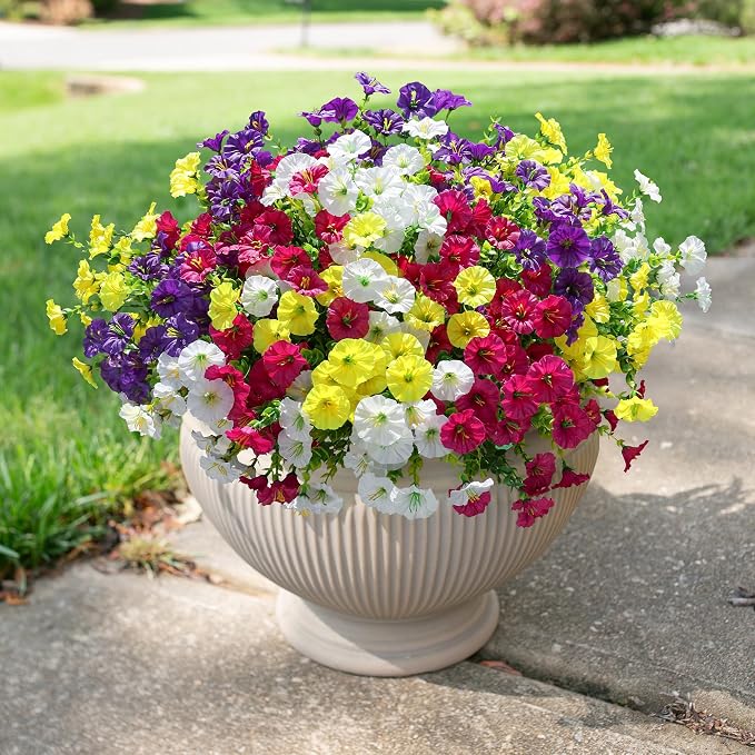 Artificial Flowers for Outdoors Fake Plants Outside Decoration, 12 Bundles Silk Colorful Morning Glory with Eucalyptus UV Resistant Realistic Faux Flowers for Planter Front Door Garden Yard