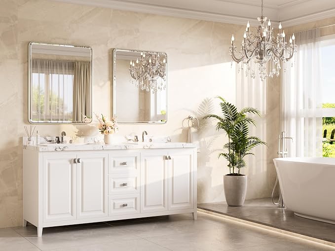 Brushed Nickel Mirrors for Wall 30 x 36 Beveled Edge Tempered Glass, Rounded Corner Rectangle Framed Mirror for Modern Bathroom, Living Room, Bedroom, Entryway