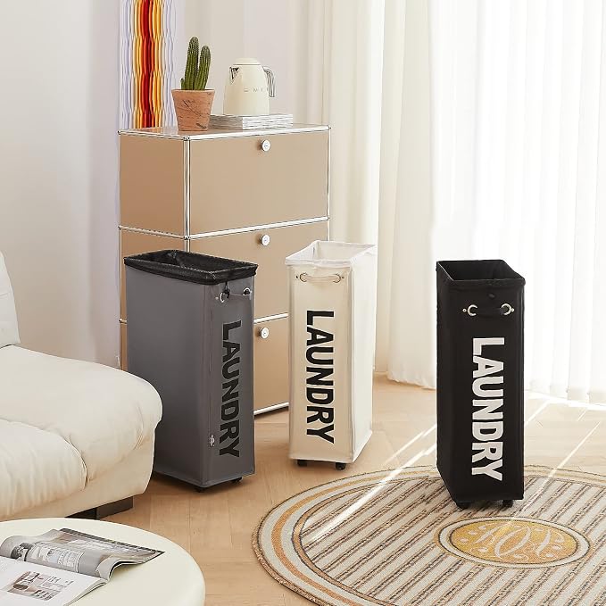 DOKEHOM 29" Enlarged Slim Rolling Laundry Basket Hamper on Wheels, Grey | Collapsible tall laundry hamper with removable mesh wash bag. Foldable narrow corner clothes storage bin for small spaces