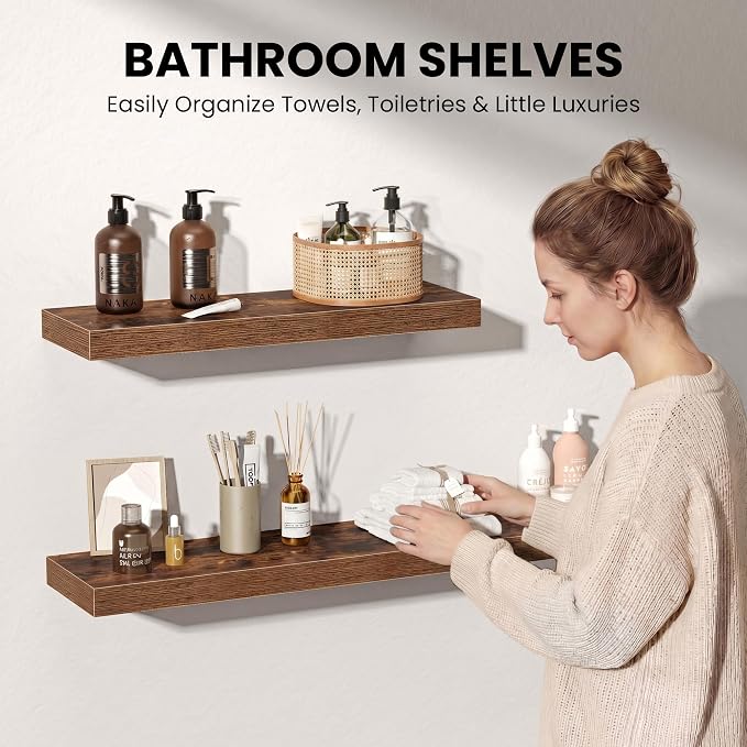 Fun Memories 48 Inch Floating Shelves for Wall 8 Inch Deep Rustic Brown Shelves Set of 2, Wall Mounted Rustic Wood Long Floating Shelf, Large Display & Storage Shelf with Invisible Brackets