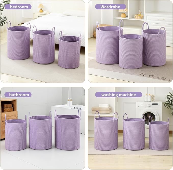 Laundry Basket Hamper Tall Rope Storage Woven for Blanket Toys Dirty Clothes in Living Room Bathroom Bedroom Purple 60L/15.8Gal