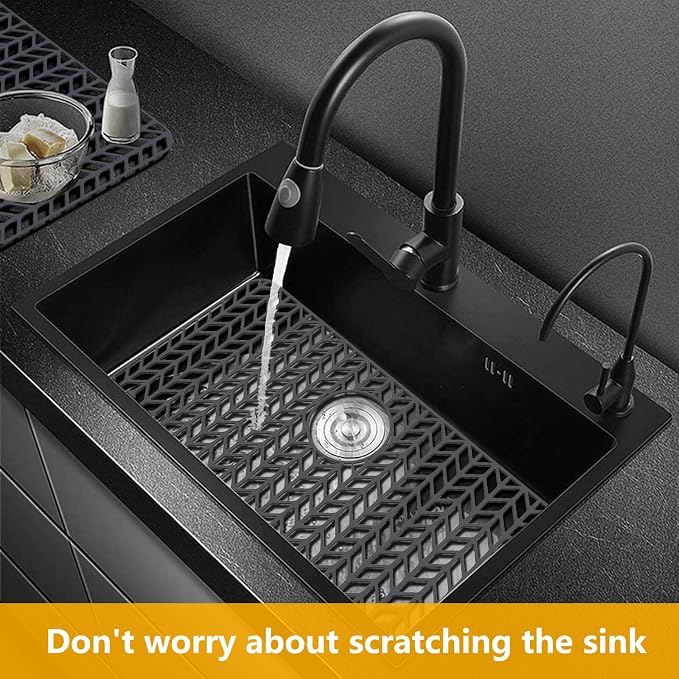 Sink Protectors for Kitchen Sink26"x14"Rear Drain kitchen Sink Mat | Protector for sinks and dish,Food-grade silicone,Non-slip and raised feet,Withstand to 500F,Dishwasher Washing