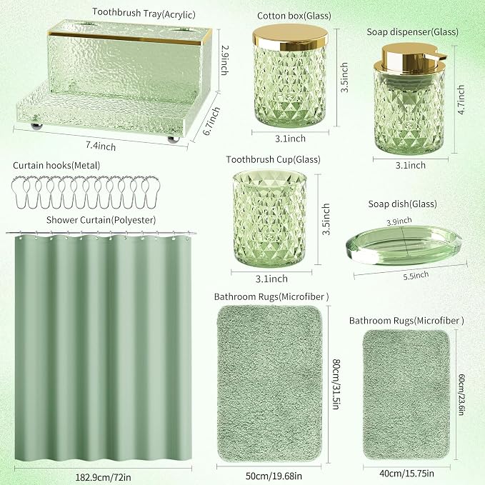 Green Bathroom Accessories Set - 20PCS Glass Bathroom Set with Shower Curtain and Rugs, Soap Dispenser, Soap Dish, Cup, Qtip Jar, Toothbrush Holder, Stylish & Functional Bath Decor for Home, Apartment