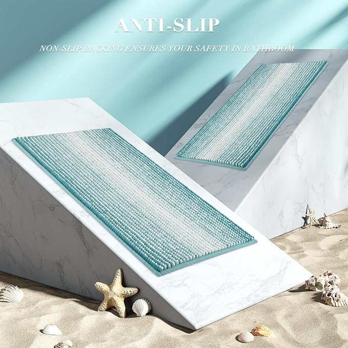 Bathroom Rugs and Mats Sets, 2 Piece Thick Absorbent Chenille Bath Mat Rug Set Non Slip, Soft Shaggy Bath Room Floor Mats for Bathroom, Machine Washable (Aqua Green, 20" x 32" Plus 16" x 24")