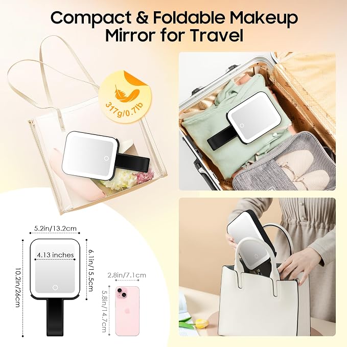 Small Travel Makeup Mirror with Lights(10" L x 5" W), Double-Sided 1X/30X Magnifying Mirror, 3 Color Lighting & Brightness Adjustable, Portable &Foldable Mirrors with Light (Black)