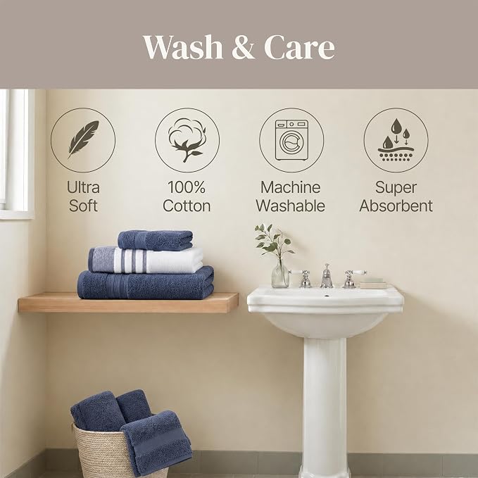 Modern Threads 6-Piece Towel Set – 100% Cotton, Quick Dry, Ultra Absorbent – Includes 2 Bath, 2 Hand, 2 Washcloths (White/Reinhart Blue)