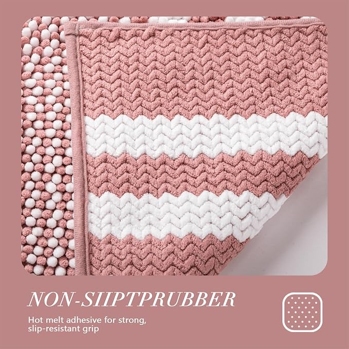 Dusty Pink Bathroom Rugs Set 2 Piece, Extra Soft Absorbent Fluffy Striped Chenille Bathroom Floor Mat, Non Slip Quick Dry Washable Bath Rugs for Shower, 20" x 32" Plus 16" x 24"