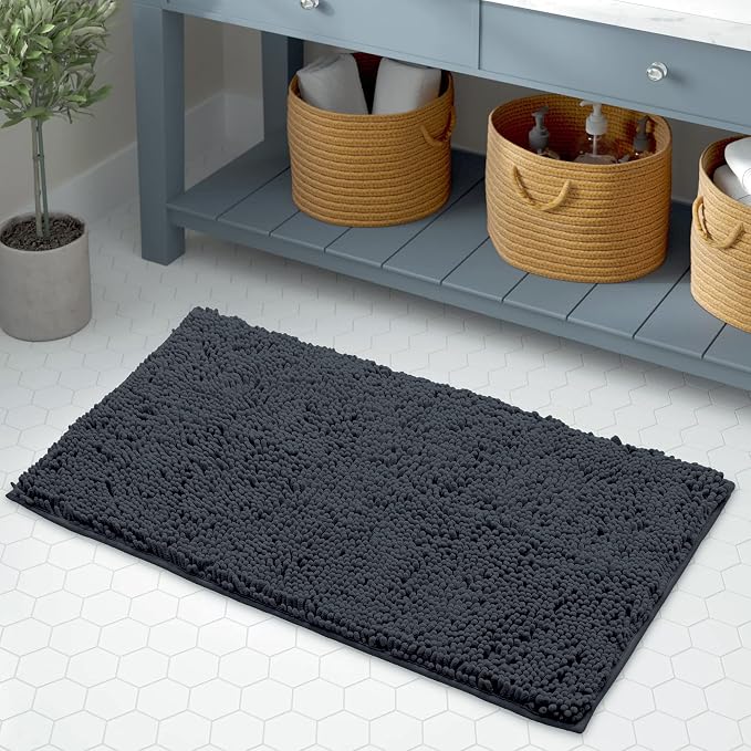 LuxUrux Bath Mat, Extra-Soft Plush Non-Slip Bathroom Rug, Luxury Chenille Microfiber Material, Super Absorbent Shaggy Bath Rug. Machine Wash & Dry (17 x 24 inches, Charcoal)