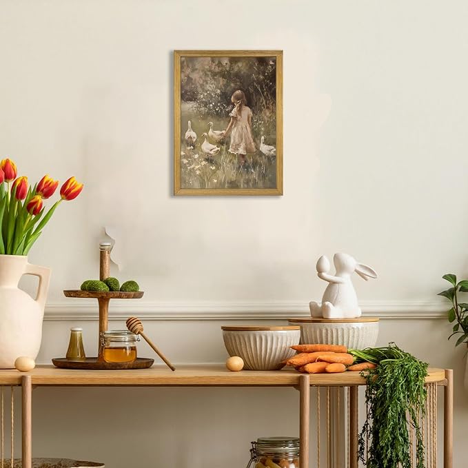 Wood Framed Canvas Wall Art, Vintage Girl with Ducks Painting Poster, Countryside Pastoral Landscape Print Picture, Rustic Farmhouse Wall Decor for Living Room Bedroom Nursery 16x24 inch