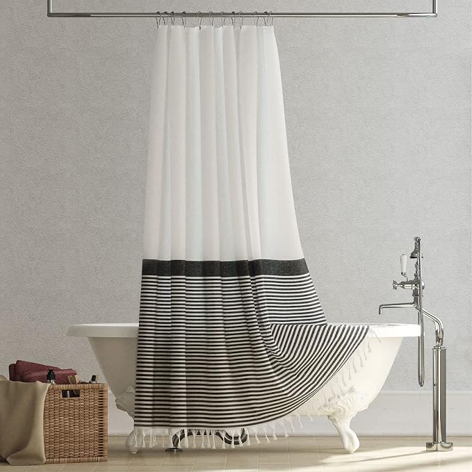 Modern Farmhouse Fabric Shower Curtain Boho Black and White Striped Cloth Bathroom Shower Curtain with Tassels, Hotel Luxury Decorative Shower Curtain Set with 12 Hooks - 72x72