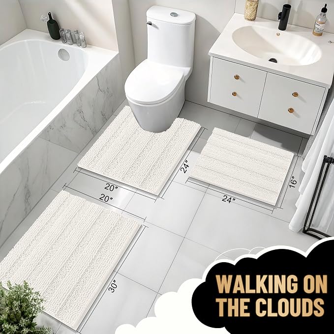 OLANLY Thick Bathroom Runner Rugs 47x17, Soft Chenille Bath Rugs, Ivory | Absorbent Striped, Rubber Backing, Machine Wash, Long Bath Mats for Bathroom Floor, Tub and Shower, Home Decor Accessories