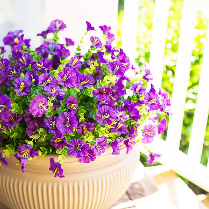 Artificial Flowers for Outdoors Fake Plants Outside Decoration, 12 Bundles Silk Purple Morning Glory with Eucalyptus UV Resistant Look Real Faux Flower for Planter Front Door Porch Patio Yard
