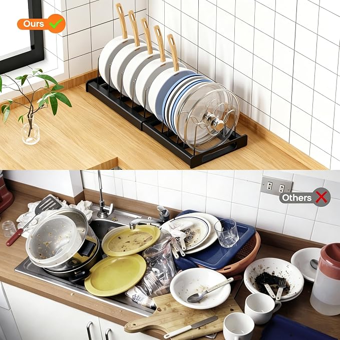 Nigelia Pots and Pans Organizer for Under Cabinet 22" Expandable Food Storage Container Lid Organizers with 10 Adjustable Dividers Pot and Pan Lid Holders Rack Inside Cabinet&Kitchen Countertop(Black)
