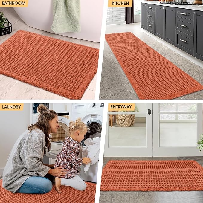 Waffle Bath Mat Burnt Orange 36"x24", Boho Woven Modern Bath Mat Rugs, Absorbent Non Slip Bathroom Rugs, Soft Washable Bath Rugs with Tassels for Bedroom, Kitchen, Shower, Tub