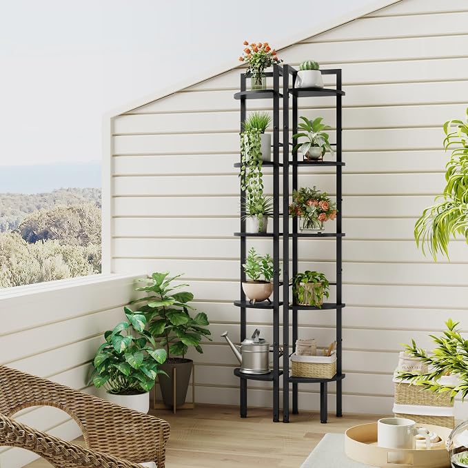 Small Corner Shelf Stand 5 Tier 60.5" with Metal Frame, Black | Industrial Narrow Corner Shelf, Multipurpose Tall Corner Bookshelf, Small Corner Table Bedroom, Living Room, Office, Kitchen
