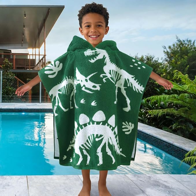 VOOVA & MOVAS Kids Poncho Towel, 4-8 Years, 100% Cotton, Dino | 28"x28" Roomy Size, Cartoon Dino Jacquard Print, Soft, Absorbent & Quick Dry for Daily Swimming