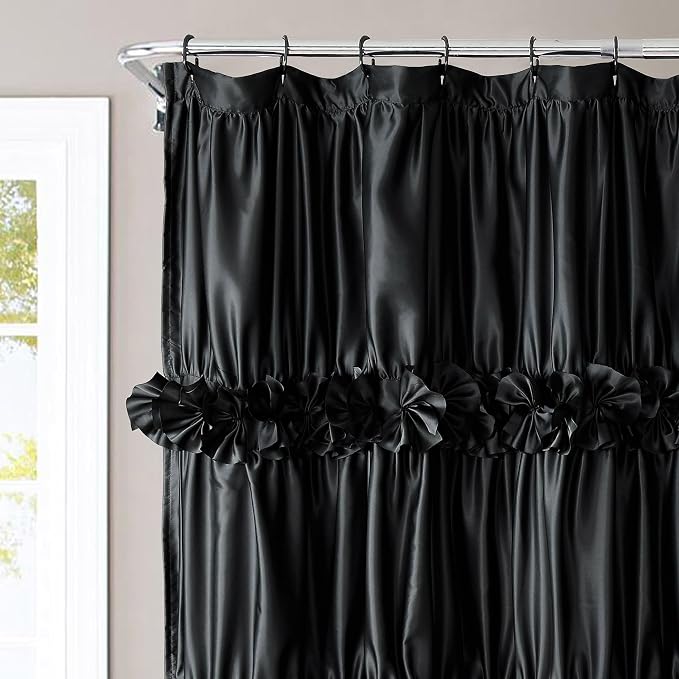 Black Ruffle Shower Curtain 72" W x 84" H | Vintage Handcrafted Bow Tie Bath Curtain for Master Bathroom, Ruched Satin Bathroom Curtain with 12 Buttonholes (LQ-10)
