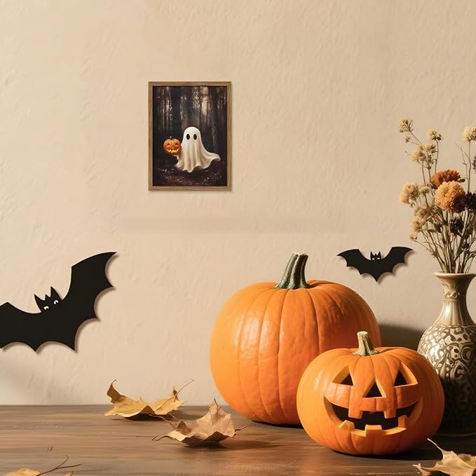 Vintage Halloween Ghost Wall Art, Gothic Cute Ghost Pumpkin Canvas Wall Decor Paintings, Dark Academia Spooky Fall Forest Prints Pictures for Living Room Bedroom 8x10 Inch Framed