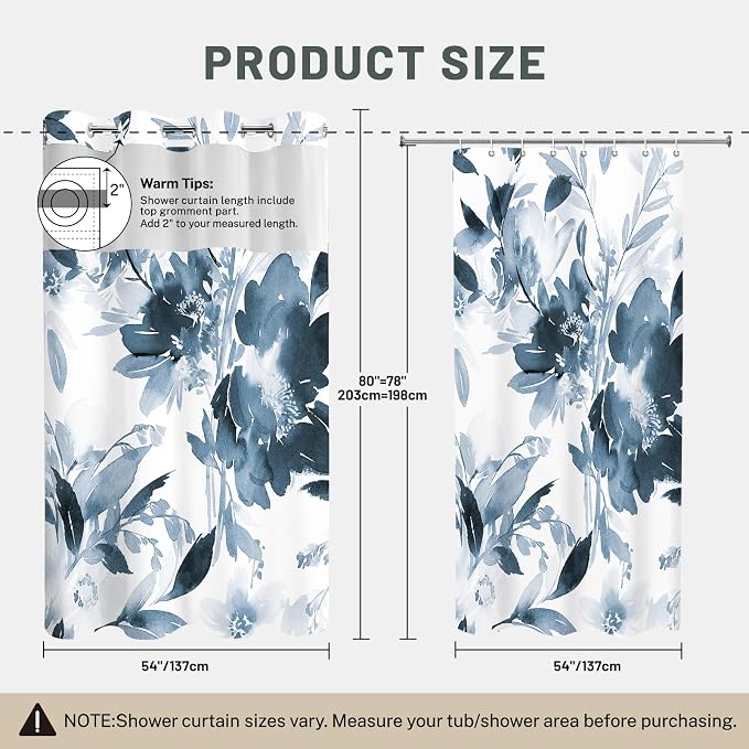 No Hook Floral Shower Curtain with Liner, Aqua Blue, 71x86 | Snap in Liner, 3 in 1, Water Repellent, Easy Install, Machine Washable, Hotel Style for Bathroom, Watercolor Pattern