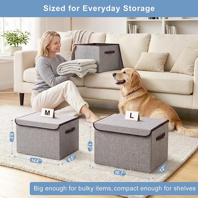 Large 22 Quart Linen Fabric Foldable Storage Bin Cube Organizer Basket with Flip-Top Lid & Handles, Clothes Blanket Box for Home, Office, Closet, Gray, 4 Pack 14.6 x 9.5 x 9.5”