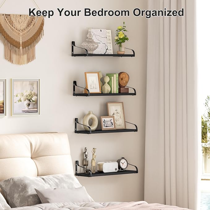 Love-KANKEI 15.7"Black Floating Shelves for Wall Set of 4,Wood with Bracket | 3 Installation Methods,Easy to Install,44 Lbs/shelf,For Bedroom,Bathroom,Kitchen,Living Room,Office Nursery Display,Decor
