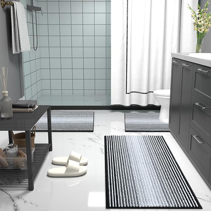 OLANLY Bathroom Runner Rugs 59x20, Soft Chenille Striped Bath Rugs, Black | Extra Absorbent, Rubber Backing, Machine Wash Dry, Bath Mats for Bathroom Floor, Tub and Shower, Home Decor Accessories
