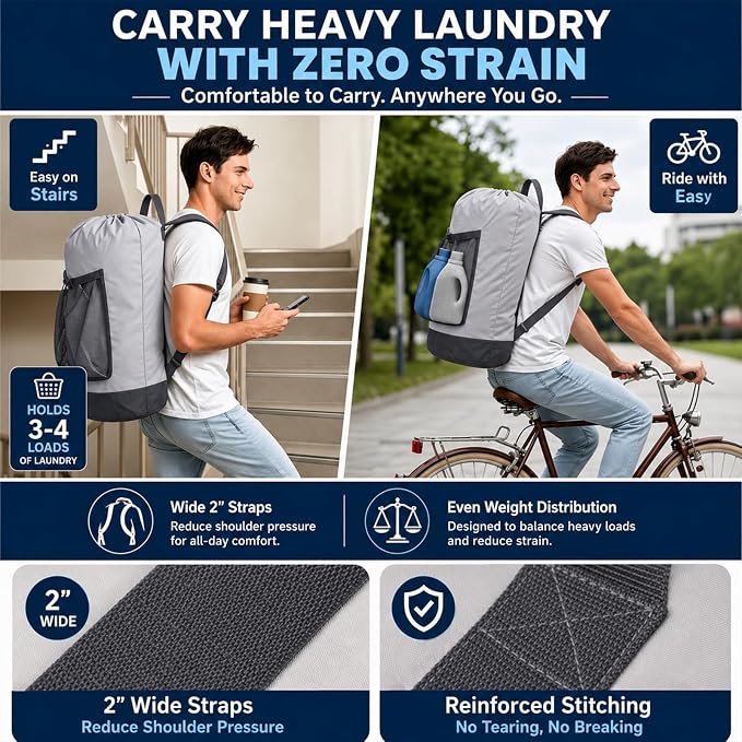 Backpack Laundry Bag, Durable polyster Laundry Backpack Bag with Shoulder Straps, Drawstring Closure & Mesh Pocket, Large Clothes Hamper for Dorm, Travel, Laundromat (Gray)