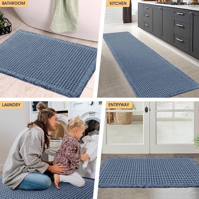 Waffle Bath Mat Blue 36"x24", Boho Woven Modern Bath Mat Rugs, Absorbent Non Slip Bathroom Rugs, Soft Washable Bath Rugs with Tassels for Bedroom, Kitchen, Shower, Tub