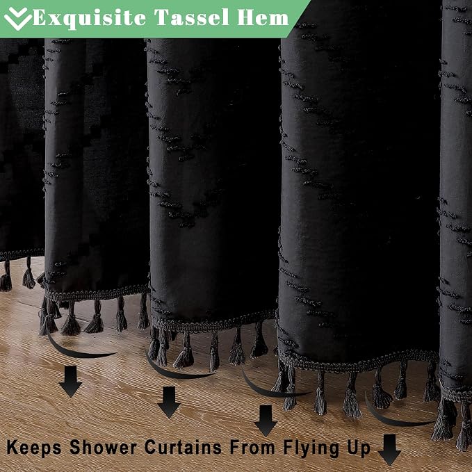 Black Fabric Shower Curtain, Boho Shower Curtains for Bathroom Chic Tufted Chevron Striped Textured with Tassel, Soft Hotel Style Farmhouse, Machine Washable, 72x78, Black