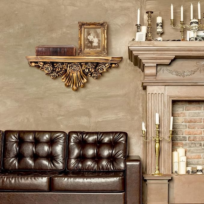 Pinkunn 17" Vintage Antique Gold Floating Wall Shelf | French Country Style Fleur De Lis Victorian Baroque Decorative Ledge, Gothic Wall Decor for Living Room, Bedroom & Entryway