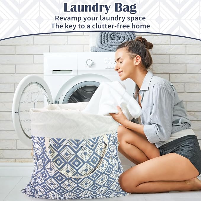 Canvas Laundry Bag with Handles & Drawstring 30"Wx35"H, L+ Geometry Blue | Thick Canvas Storage Bag, Large Heavy Duty Washable Dirty Clothes Travel Sack, for Camp, College Dorm, Laundromat, 1 Pack