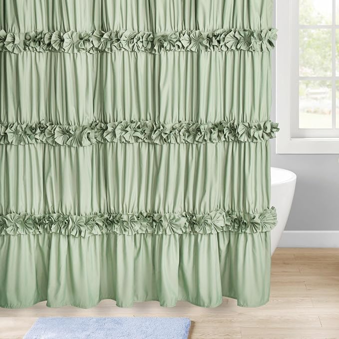 Sage Ruffle Shower Curtain, Handcrafted Bow Tie | Vintage Bath Curtain for Master Bathroom, Ruched Microfiber Bathroom Curtain with 12 Buttonholes, 72" W x 72" H (LQ-10)