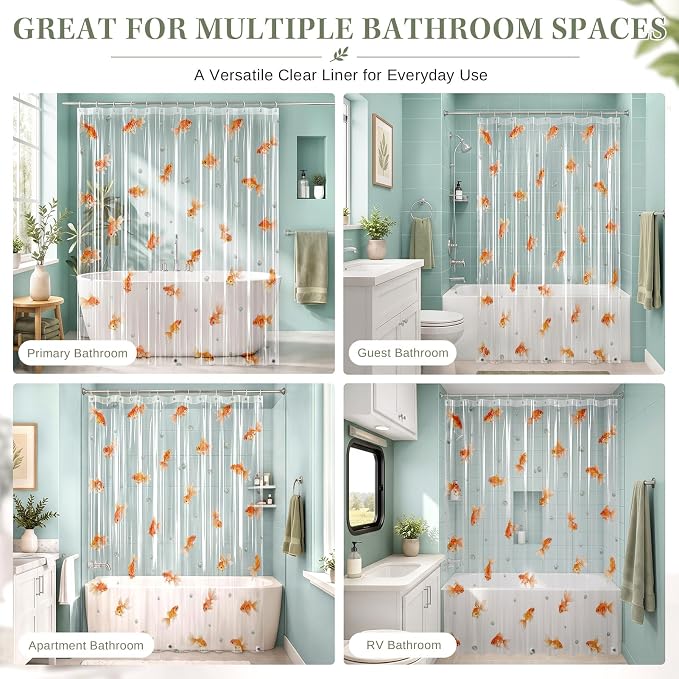 Clear Shower Curtain Liner, Goldfish Koi Fish PEVA, 72x72 Inch | Ocean Nature Waterproof Bath Plastic Shower Curtains Set with 3 Weighted Magnets and 12 Hooks for Bathroom Decor