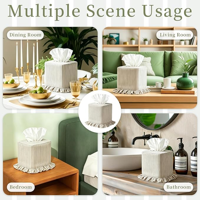 FYSUIMU Tissue Box Cover Khaki Stripe Napkin Holder Square Soft Fabric Facial Tissue Box Slipcover for Living Room Bedroom Bathroom Decor