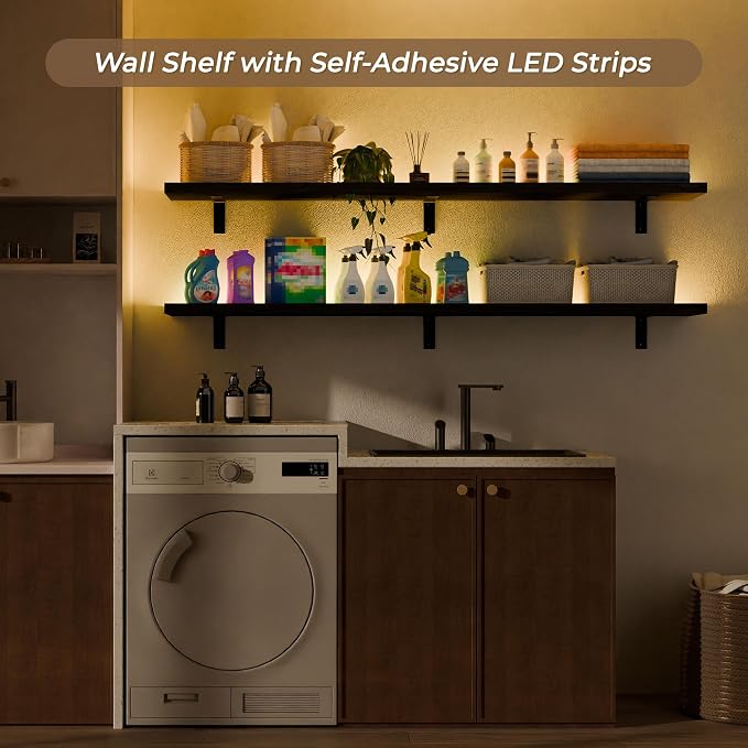 10x60 Inch LED Floating Shelf, Wall Mounted with Light, Storage for Gaming Room, Living Room, Kitchen (Black, Set of 2)