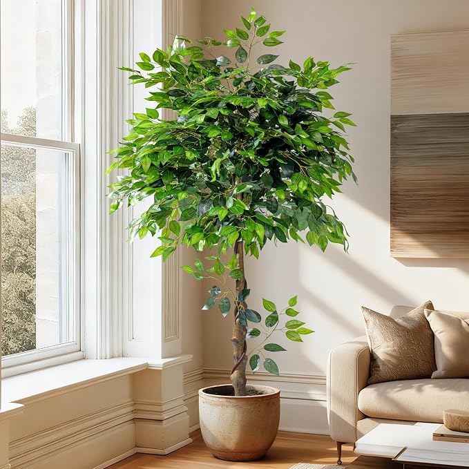 Artificial Ficus Tree 5FT Artificial Plants Indoor Fake Ficus for Indoor Home Decor, 150% Foliage Density Realistic Faux Tree Fake Floor Plant with Leaves for Living Room, Office, House Plant