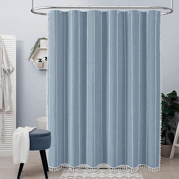 54x78 Boho Farmhouse Linen Heavy Duty Cloth Shower Curtain Set, Blue | Narrow Long Size, 330GSM Linen Blend, Water Repellent, Vintage Striped Fabric, 10 Hooks, Rustic Country, Machine Washable