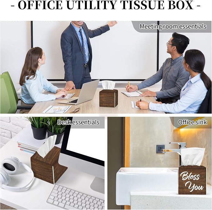 Bless You Tissue Box Cover Square,Wooden Board Texture Tissue Box Holder Waterproof Leather Facial Paper Organizer Dispenser for Bathroom Home Car Nightstand Vanity Desk