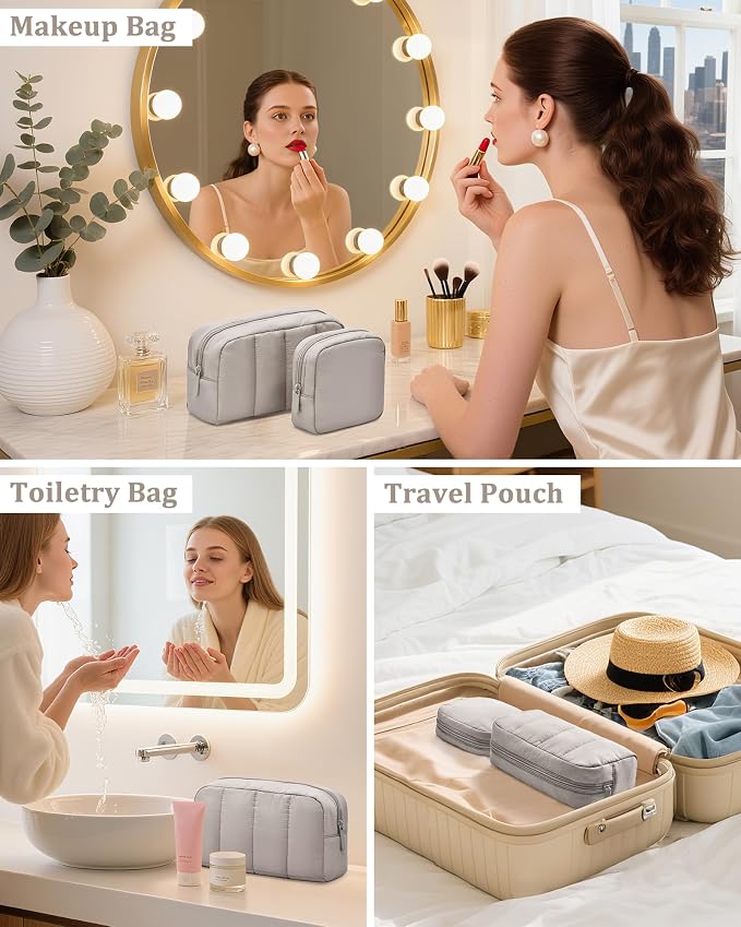 2 Pcs Makeup Bag Travel Toiletry Bag for Women Puffy Padded Cosmetic Pouch Purse Wide-open Makeup Organizer Case Travel Essentials