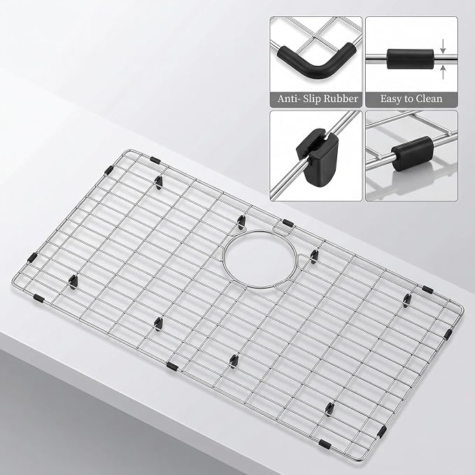 LQS Kitchen Sinks Grid, Sink Protectors for Kitchen Sinks 28 3/8" x 15 3/8" with Rear Drain Hole for Single Sink Bowl, Stainless Steel Sinks Grate, Sink Protector, Sinks Bottom Grid