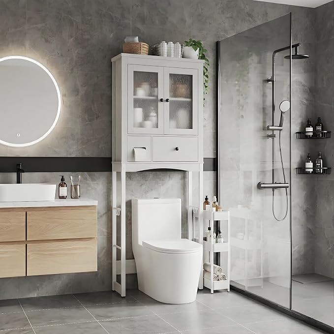 Garvee Over-The-Toilet Storage Rack, Vintage Bathroom Organizer | MDF Shelves & Steel Frame, Space-Saving Toilet Shelf for Small Bathrooms, Bathroom Cabinet for Towels & Toiletries, White