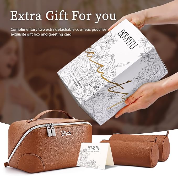 BOYATU Travel Makeup Bag Cosmetic Bags for Women: 3-Piece Makeup Bag Set | | Up to 20 3.4-oz Bottles | 180° Open-Flat Toiletry Organizer for Travel Essentials | Gift-Ready | (C-1-Brown)