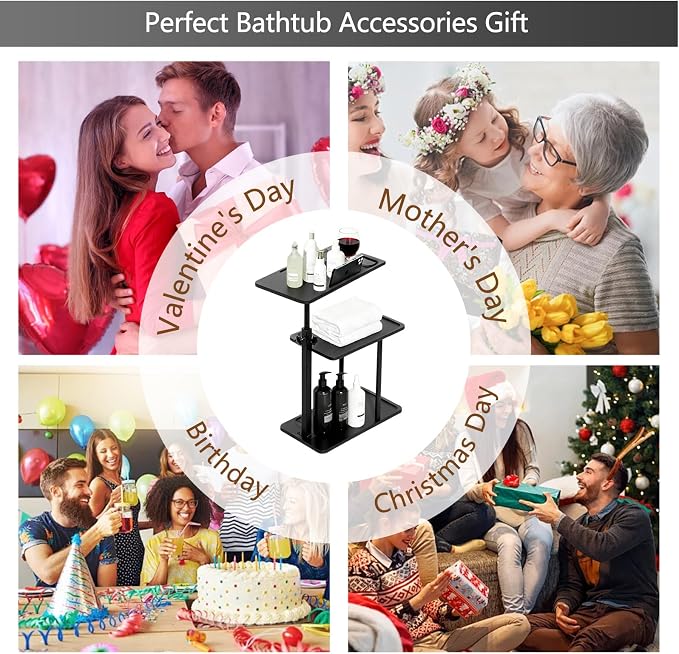 3 Layer Bathtub Tray Table,Bamboo Swivel Bathtub Side Table Height Adjustable,Freestanding Bathtub Tray for Tub Against Wall,Bathtub Accessories&Bathroom Organizer for Luxury Home Spa (Black1)