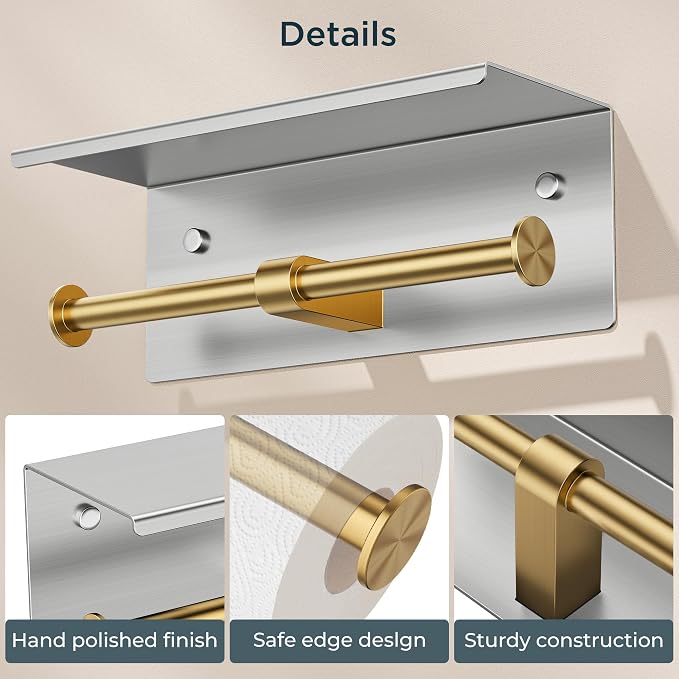FORIOUS Toilet Paper Holder with Shelf, Commercial Toilet Paper Dispensers | Stainless Steel & Gold | Wall Mount Bathroom Tissue Holder | SUS304 Stainless Steel Rustproof | Double Tissue Roll Holder