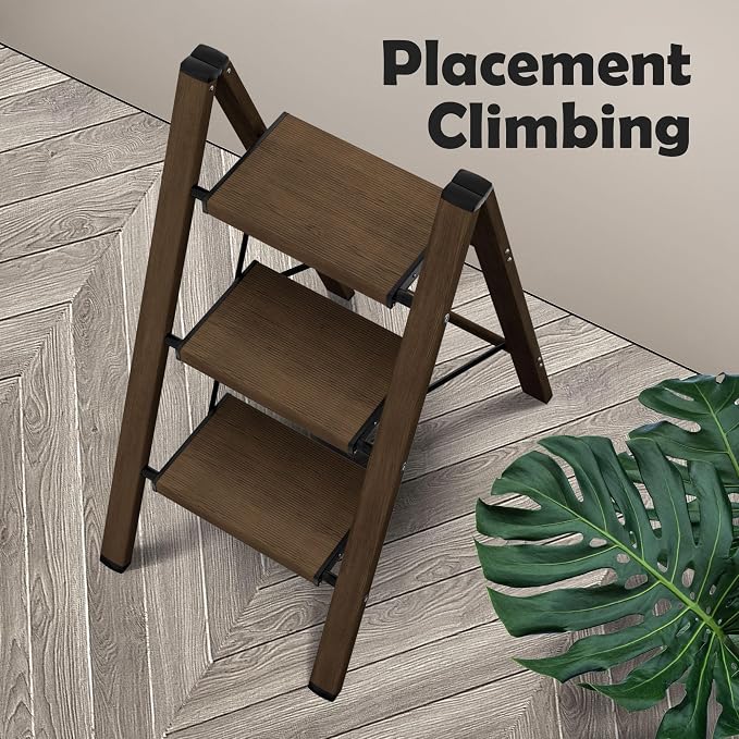 Taranta 3 Step Stool Foldable,Aluminum Step Ladder-Walnut | Lightweight,Wide Anti-Slip Pedals,Folding Stool,330lbs Capacity for Household,Kitchen,Office