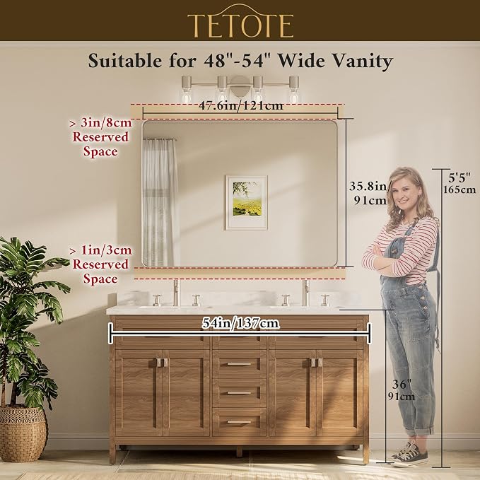 48 x 36 Inch Brushed Nickel Mirror for Bathroom Over Sink Metal Framed Mirror Modern Farmhouse for Living Room Entryway(Horizontal/Vertical)