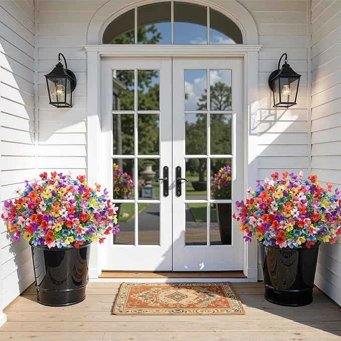 SHareconn 40 Bundles Artificial Flowers UV Resistant Outdoor Decor | Realistic Silk Flowers, Spring Fake Plants Greenery, For Patio Porch Planter Yard Home Spring Decor, 8 Colors