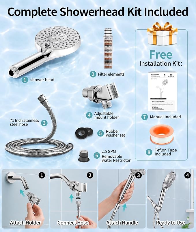 SR SUN RISE Filtered Shower Head with Handheld High Pressure 9 Spray Mode Showerhead Detachable Shower Head Water Softener Filters Beads for Hard Water Remove Chlorine 1 Filter Chrome