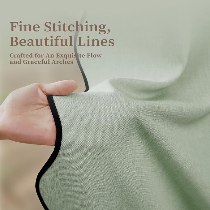 Extra Long Scalloped Linen Textured Shower Curtain, 72x96, Sage Green | Extra Tall Size, 230GSM Waterproof Polyester, Heavy Duty Fabric, 12 Plastic Hooks, Boho Farmhouse Style, Machine Washable